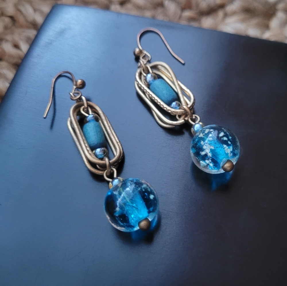Gold-toned Wrapped Wire and Glass Bead Dangle Earrings, Gold & Sea Blue Swirl